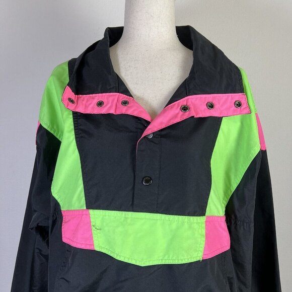 Vintage White Sierra Windbreaker Anorak Jacket Men's Large Black Neon Green Pink - Picture 2 of 16